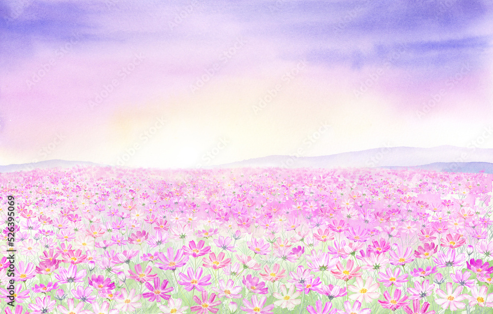 Fototapeta premium Watercolor painting of fantastic cosmos fields landscape