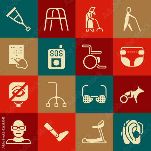 Set Hearing aid, Dog wheelchair, Adult diaper, Grandmother, Press SOS button, Braille, Crutch or crutches and Wheelchair icon. Vector