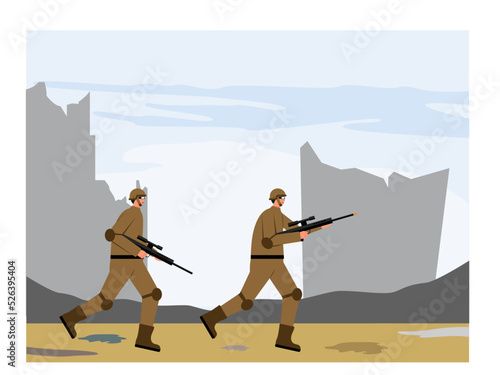 Armed military soldiers running to face the enemy and ready to shoot. Soldiers working in war zones. War vector illustration.	