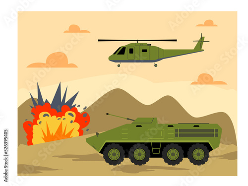 Military bullet proof helicopters and tanks were seen attacking the enemy and there was a huge explosion that destroyed the city. War vector illustration.	