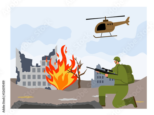 Soldiers and military helicopters surrounded the destroyed city. Bomb explosions damaged buildings and trees. Soldiers armed with shotguns ready for war. War vector illustration.	