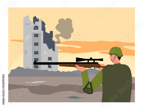 Soldiers ready to shoot use shotguns against the background of destroyed buildings and black smoke. War area. Damage to the environment due to war. War vector illustration.	