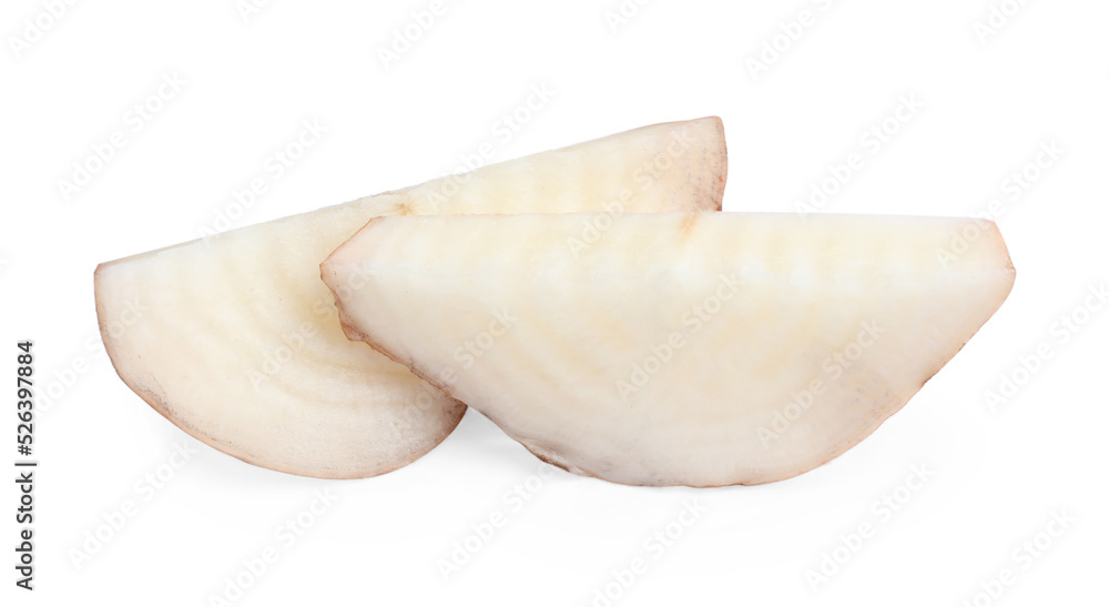 Pieces of sugar beet on white background Pieces of sugar beet on white background