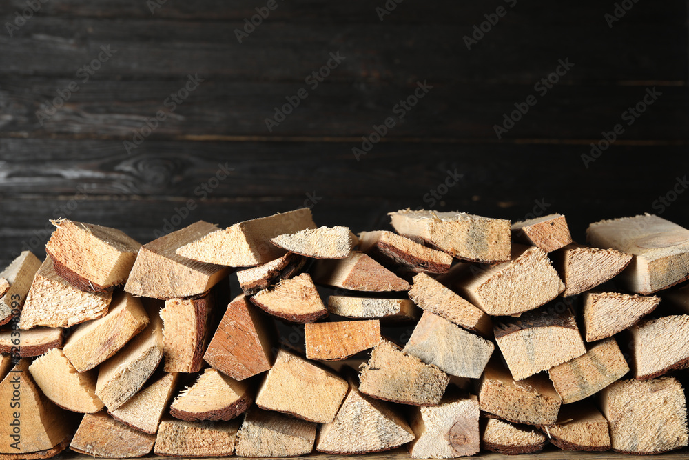 Fototapeta premium Cut firewood on black background. Heating in winter