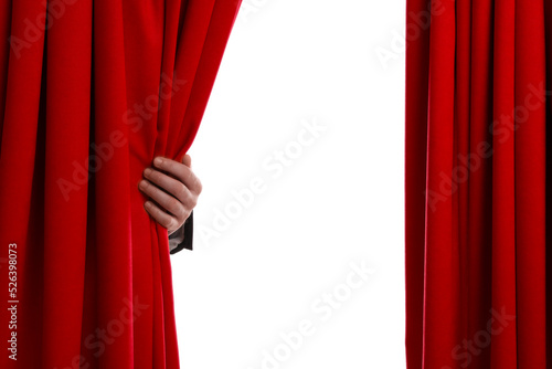 Man opening red front curtains on white background, closeup