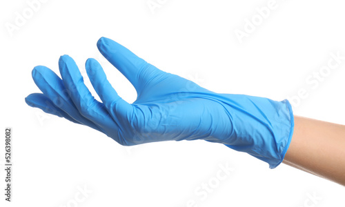 Fototapeta Naklejka Na Ścianę i Meble -  Doctor wearing medical gloves on white background, closeup