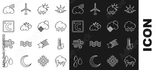 Set line Storm, Thermometer, Cloud with rain, and sun, Sun cloud weather, Celsius, Rainbow clouds and snow icon. Vector