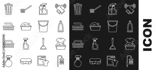 Set line Shower head with water drops flowing, Plastic basin soap suds, bottles for liquid dishwashing liquid, Brush cleaning, Trash can and Bucket icon. Vector