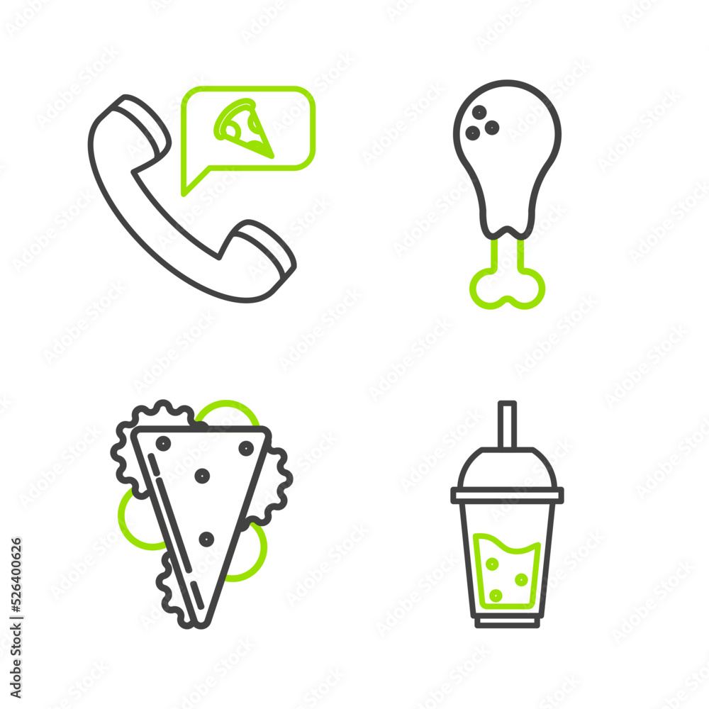 Set line Glass of lemonade with drinking straw, Sandwich, Chicken leg and Food ordering pizza icon. Vector Set line Glass of lemonade with drinking straw, Sandwich, Chicken leg and Food ordering pizza icon. Vector