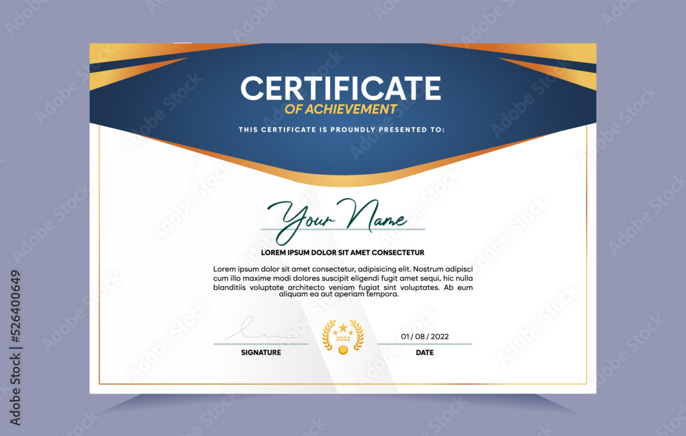 Blue and gold certificate of achievement template set with gold badge and border. For award, business, and education needs. Vector Illustration