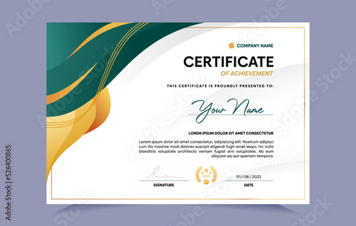 Green and gold certificate of achievement template set with gold badge and border. For award, business, and education needs. Vector Illustration