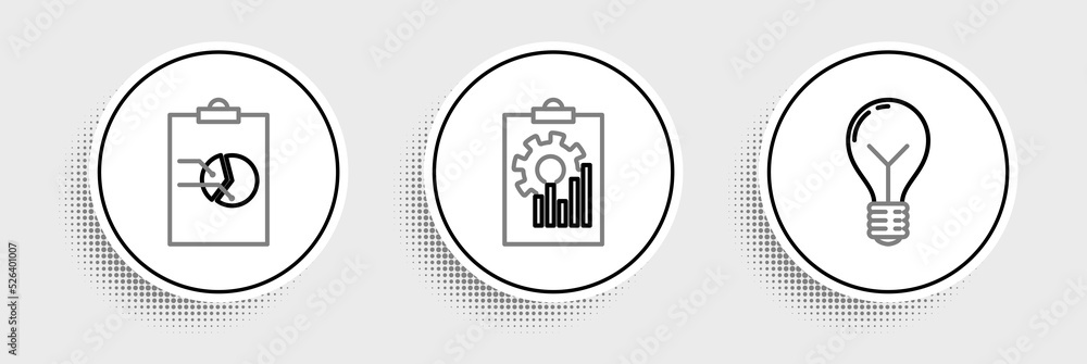 Set line Light bulb with concept of idea, Clipboard graph chart and icon. Vector