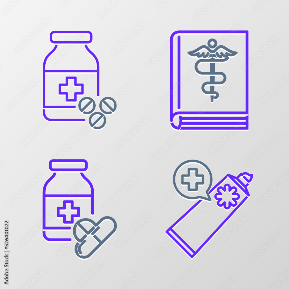 Set line Ointment cream tube medicine, Medicine bottle and pills, Medical book and icon. Vector Set line Ointment cream tube medicine, Medicine bottle and pills, Medical book and icon. Vector