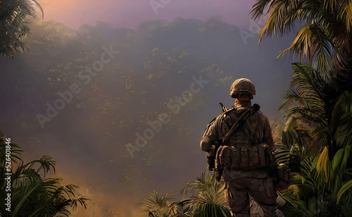 Soldier looking out onto a jungle rainforest landscape