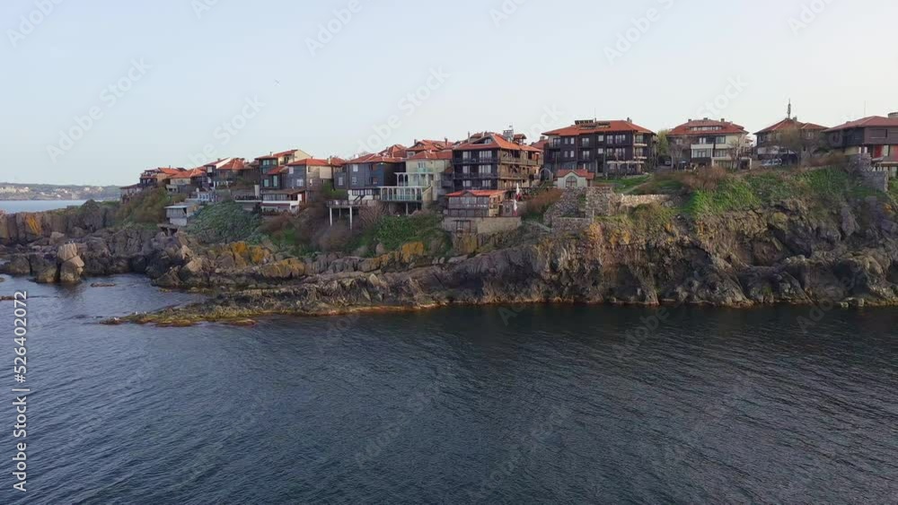 View from a height of the city of Sozopol with houses and boats near the Black Sea View from a height of the city of Sozopol with houses and boats near the Black Sea