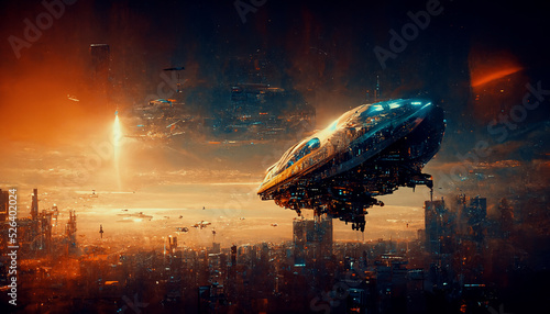 Spectacular scene of a high-rise building's top rising above the clouds, with a spaceship flying above a futuristic fantasy cityscape. Digital art 3D illustration. photo