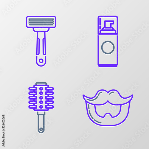 Set line Mustache and beard, Hairbrush, Shaving gel foam and razor icon. Vector