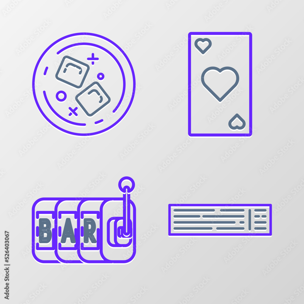 Set line Deck of playing cards, Slot machine, Playing with heart symbol and Glass whiskey and ice cubes icon. Vector