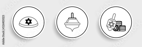 Set line Hanukkah dreidel and coin, Jewish kippah with star of david and icon. Vector
