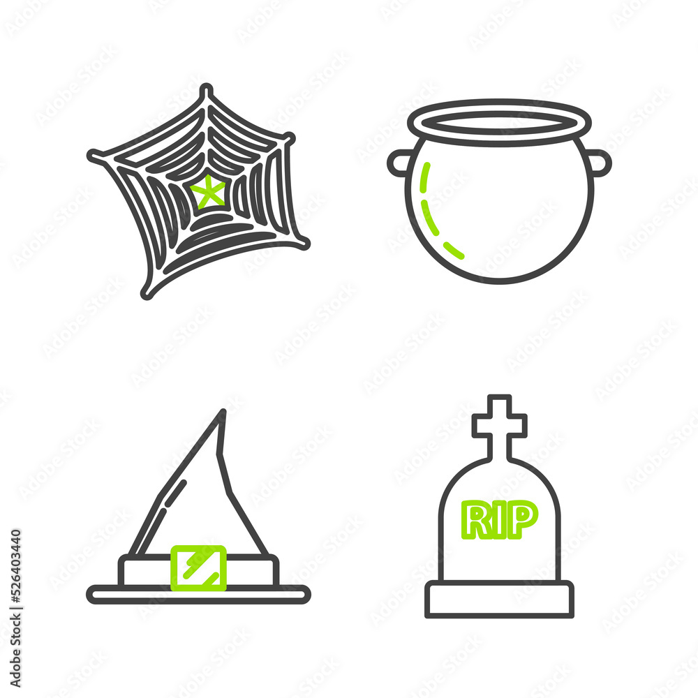 Set line Tombstone with RIP, Witch hat, Halloween witch cauldron and Spider web icon. Vector Set line Tombstone with RIP, Witch hat, Halloween witch cauldron and Spider web icon. Vector