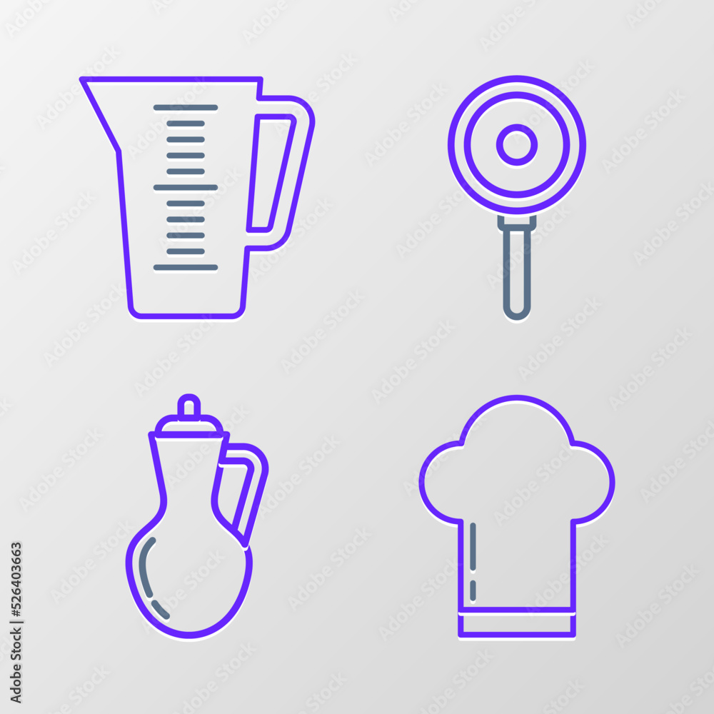 Set line Chef hat, Bottle of olive oil, Frying pan and Measuring cup icon. Vector Set line Chef hat, Bottle of olive oil, Frying pan and Measuring cup icon. Vector
