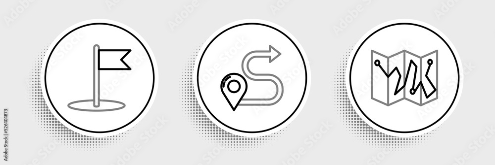 Set line Folded map with location marker, Flag and Route icon. Vector