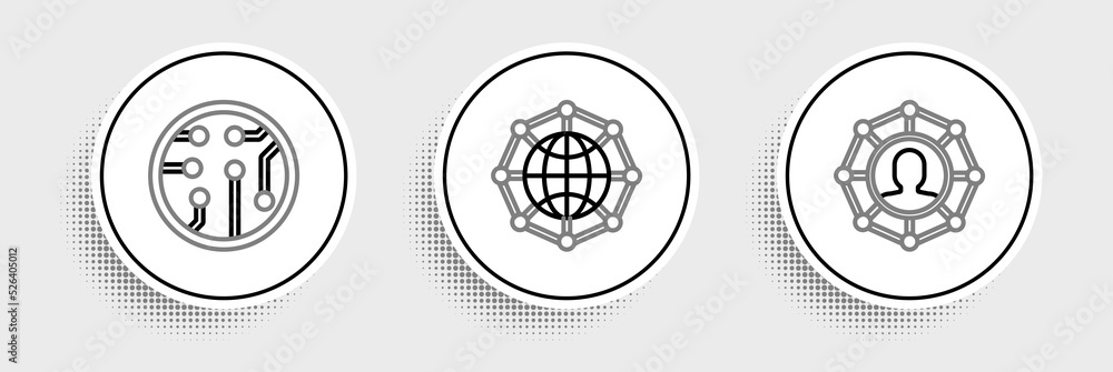 Set line Project team base, Processor and Global technology social network icon. Vector