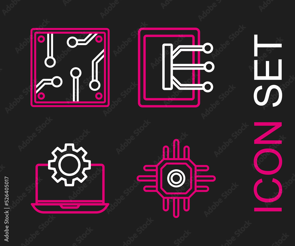 Set line Processor, Laptop and gear, Tablet and icon. Vector Set line Processor, Laptop and gear, Tablet and icon. Vector