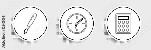 Set line Calculator, Paint brush and Clock icon. Vector