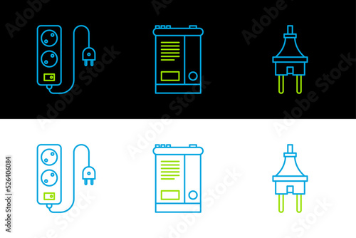 Set line Electric plug, extension cord and Car battery icon. Vector