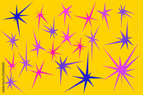 Multi-pointed asymmetric stars. Multicolored polygons on a yellow background.