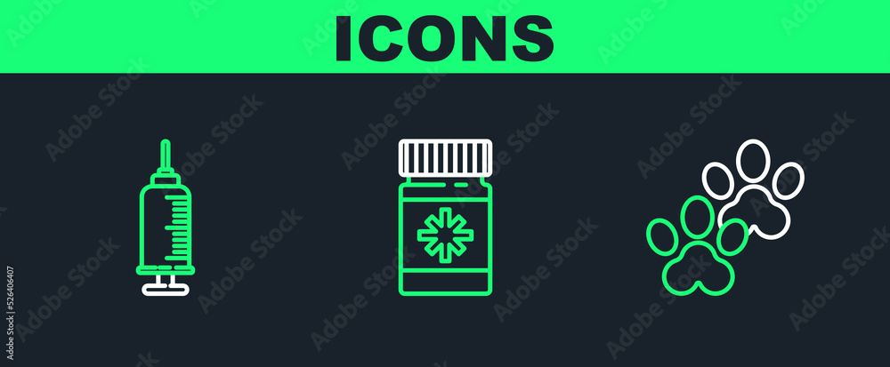 Set line Paw print, Syringe with pet vaccine and Dog medicine bottle and pills icon. Vector Set line Paw print, Syringe with pet vaccine and Dog medicine bottle and pills icon. Vector