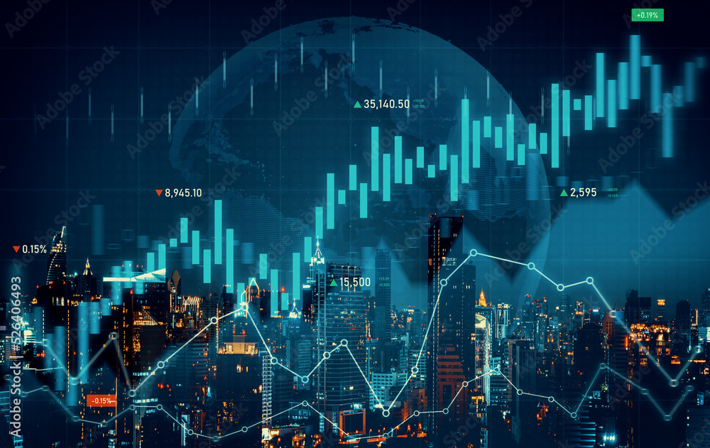 Financial graphs and digital indicators overlap with modernistic urban area, skyscrabber for stock market business concept. Double exposure. - obrazy, fototapety, plakaty 