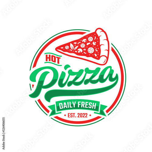 Pizzeria Vector Emblem on blackboard. Pizza logo template. Vector emblem for cafe, restaurant or food delivery service