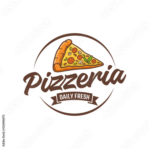 Pizzeria Vector Emblem on blackboard. Pizza logo template. Vector emblem for cafe, restaurant or food delivery service