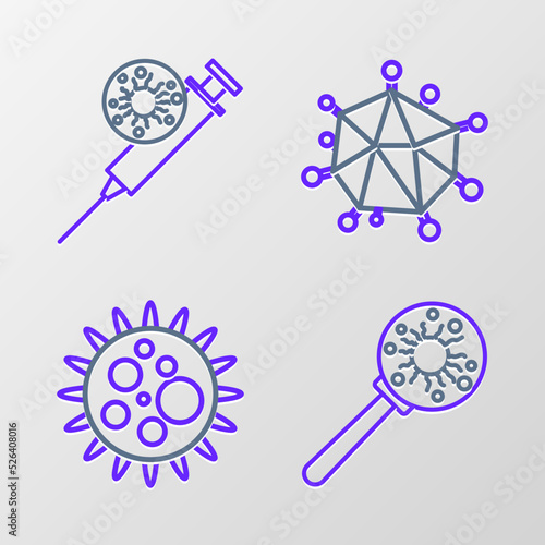 Set line Virus under magnifying glass, and Syringe and virus icon. Vector