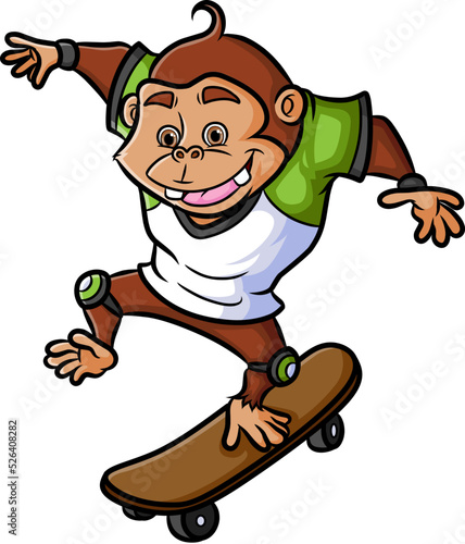 The professional skater chimpanzee is playing the skateboard