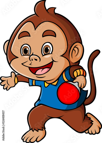 The monkey is playing the tennis table and hitting the ball