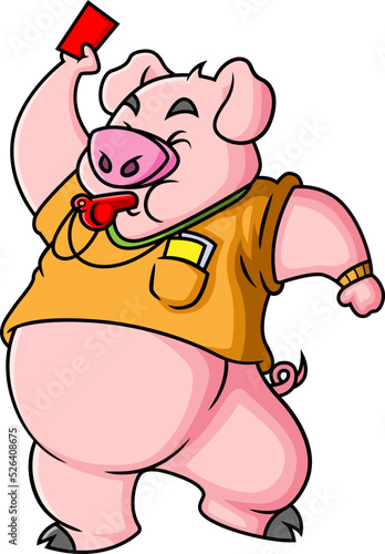 The pig is being a referee and blowing the whistle to take out red card