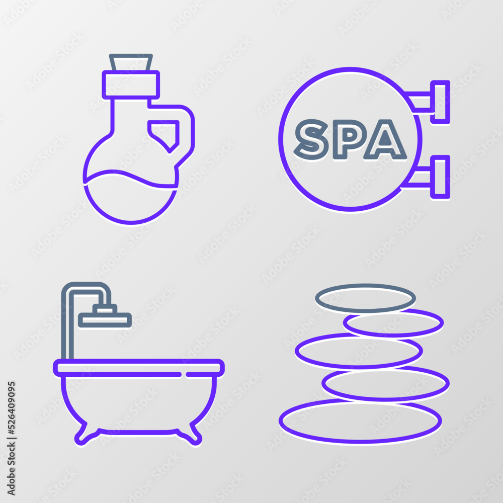 Fototapeta premium Set line Stack hot stones, Bathtub, Spa salon and Essential oil bottle icon. Vector