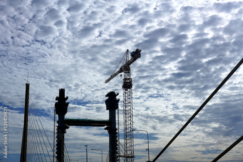 construction crane bottm view against sky for engineering industry concept photo