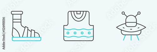 Set line UFO flying spaceship, Slippers with socks and Waistcoat icon. Vector