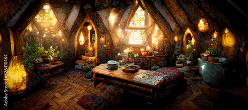 Fotografia, Obraz Spectacular picture of interior of a fantasy medieval cottage, full with plants furniture and enchanted light