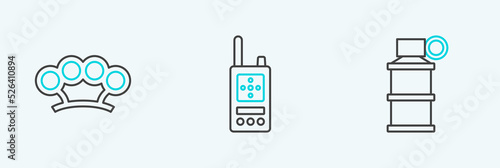 Set line Hand smoke grenade, Brass knuckles and Walkie talkie icon. Vector