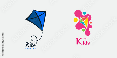 Kite Flying Logo Design. With hand drawn style and pink, yellow, green, red, and blue colors. Simple, minimalist, premium, and luxury logo vector