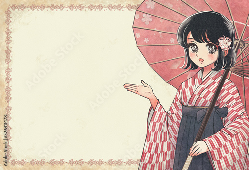 和傘を持って矢絣模様の着物と袴を身に着けた女学生のアイキャッチ