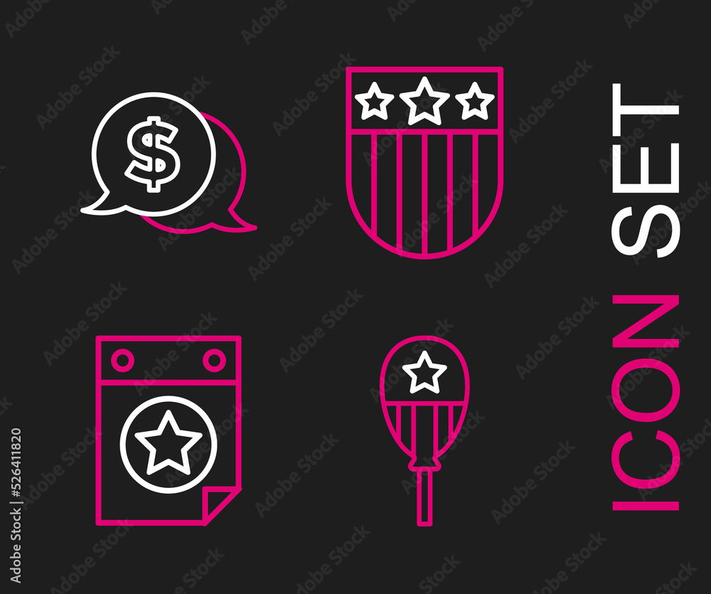 Set line Balloons, Calendar with date July 4, Shield stars and Coin money dollar icon. Vector