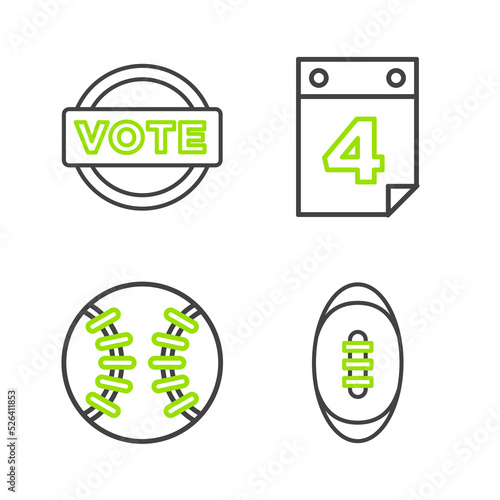 Set line American Football ball, Baseball, Calendar with date July 4 and Vote icon. Vector