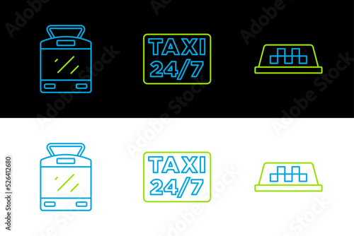 Set line Taxi car roof, Tram and railway and Location with taxi icon. Vector