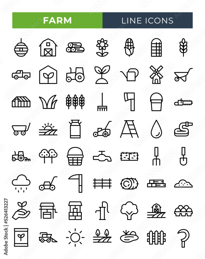 Fototapeta premium Farm and agriculture icons set. Vector line icons.